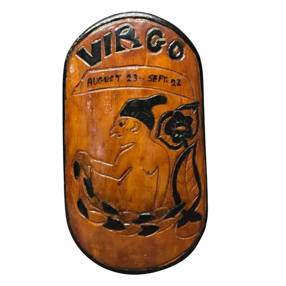 Primitive Handmade Wooden Virgo Astrological Zodiac Sign Horoscope Wall Plaque